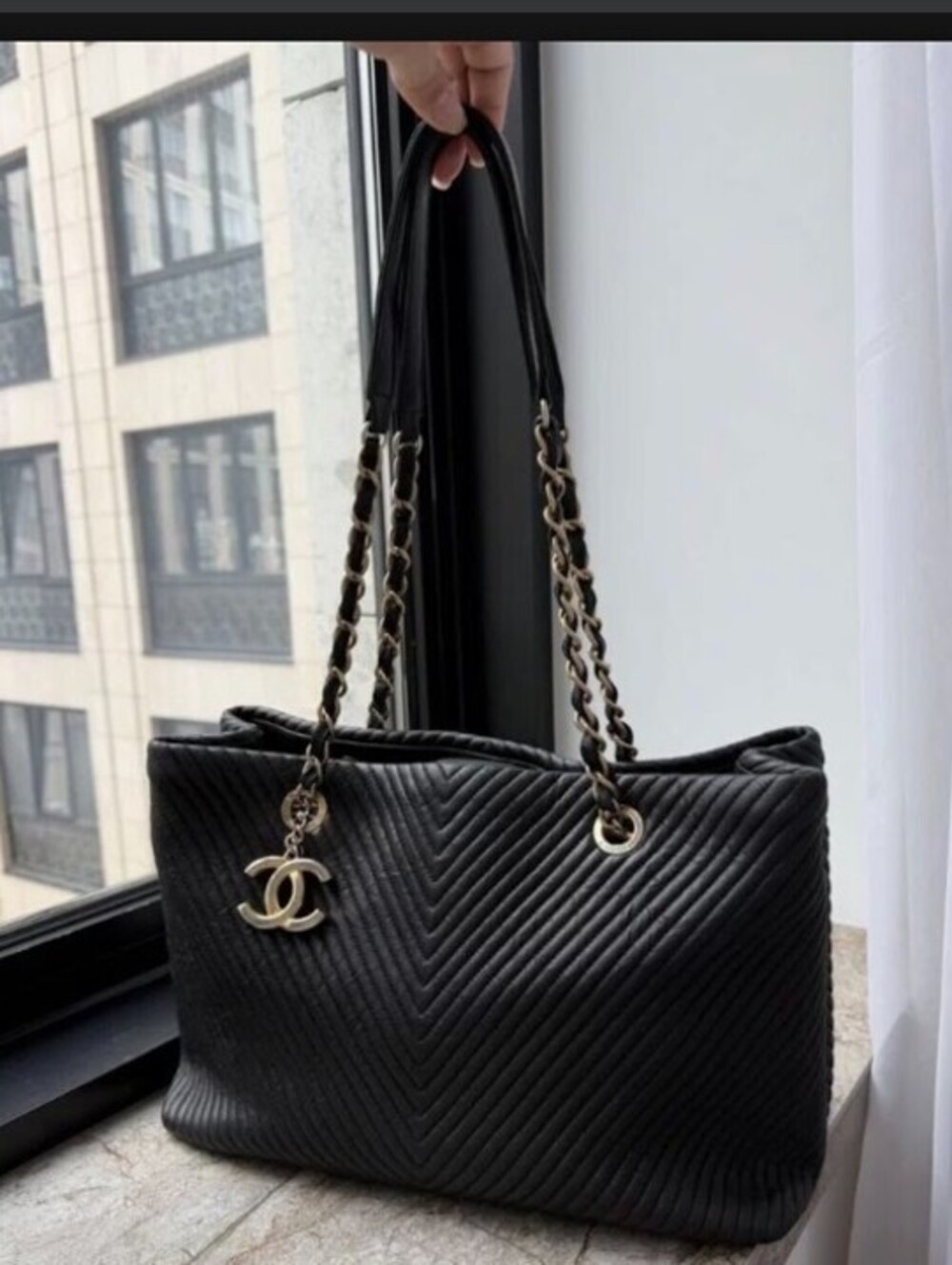Chanel Surpique Chevron Calfskin CC Charm Black Leather Large Shopping Tote